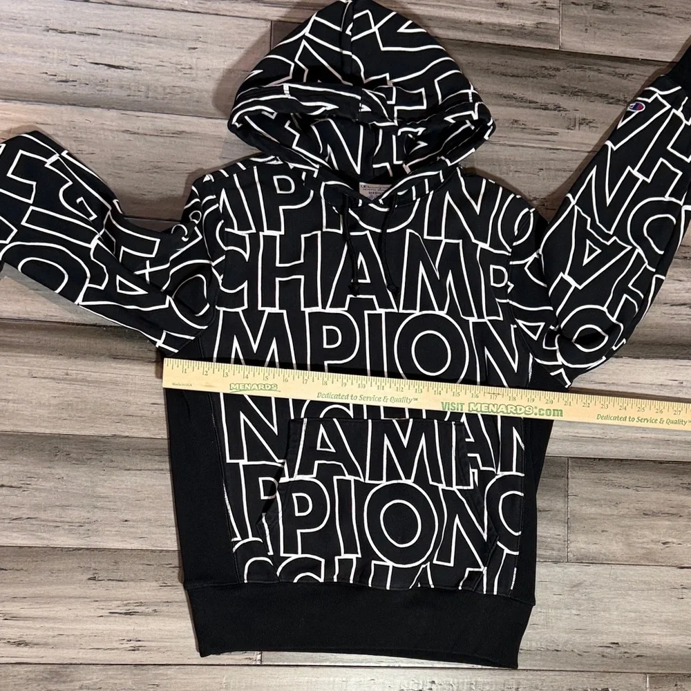 NWOT Champion Black Hoodie with White All-Over Logo Print
